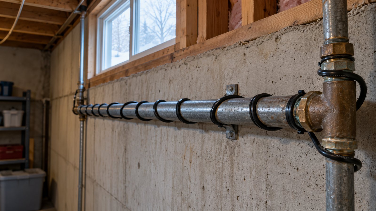 Heat cable on a basement pipe (illustrative)
