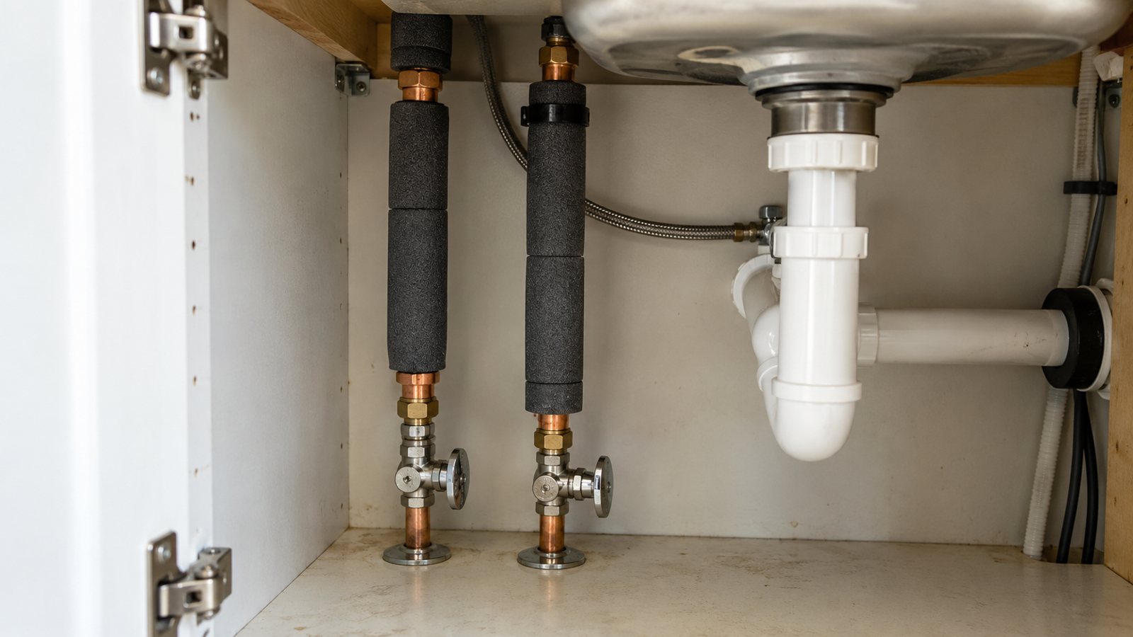 Insulated pipes under a sink (illustrative)