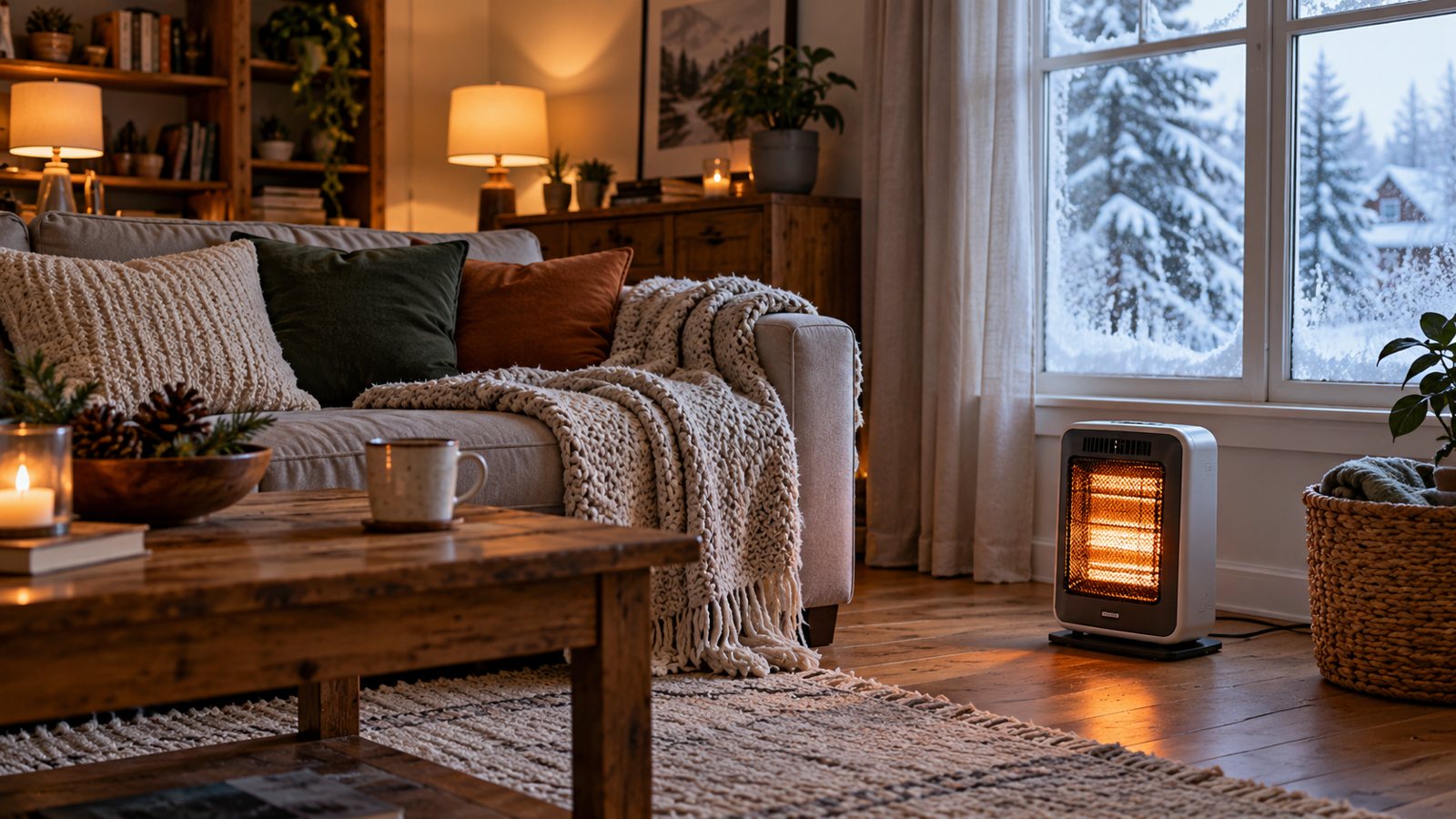 A living room in winter with a space heater (illustrative)