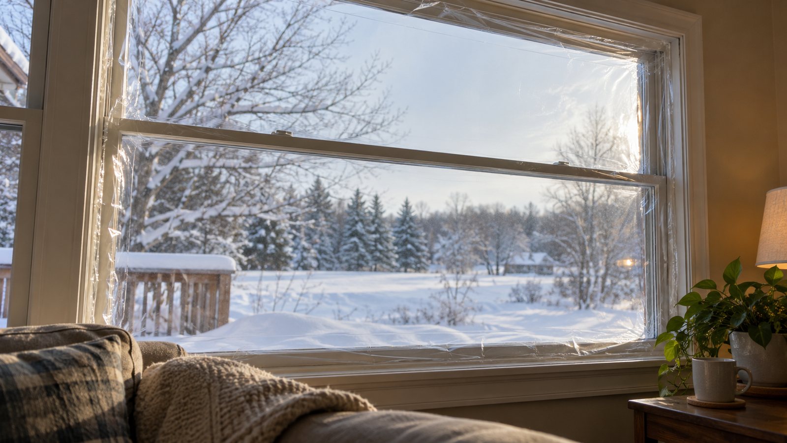 Shrink film on a window in winter (illustrative)